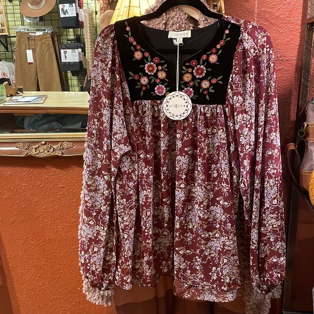 Velvet Embroidered Top with burgundy body